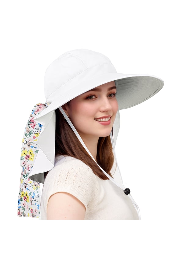 Sun Hats for Women, Wide Brim Summer Beach Hat with Neck Flap, UPF 50+ Fishing Hat for Hiking, White