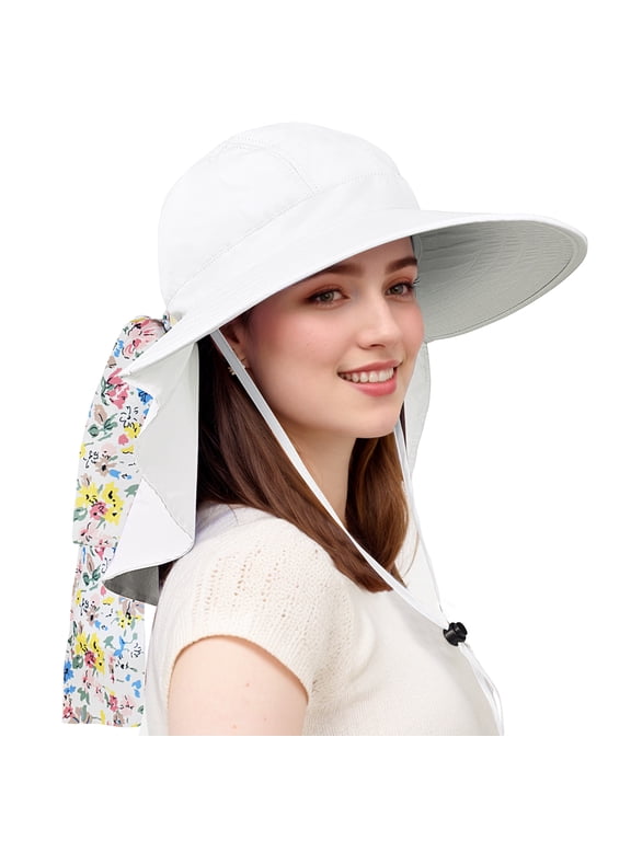 Sun Hats for Women, Wide Brim Summer Beach Hat with Neck Flap, UPF 50+ Fishing Hat for Hiking, White