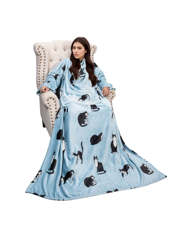 Wearable Sleeve Blanket, Flannel Blanket Sweatshirt for Adult,Women,Men Soft Sofa TV Throw Blanket,Cozy Hoodie with Sleeves and Pockets, ,55x72