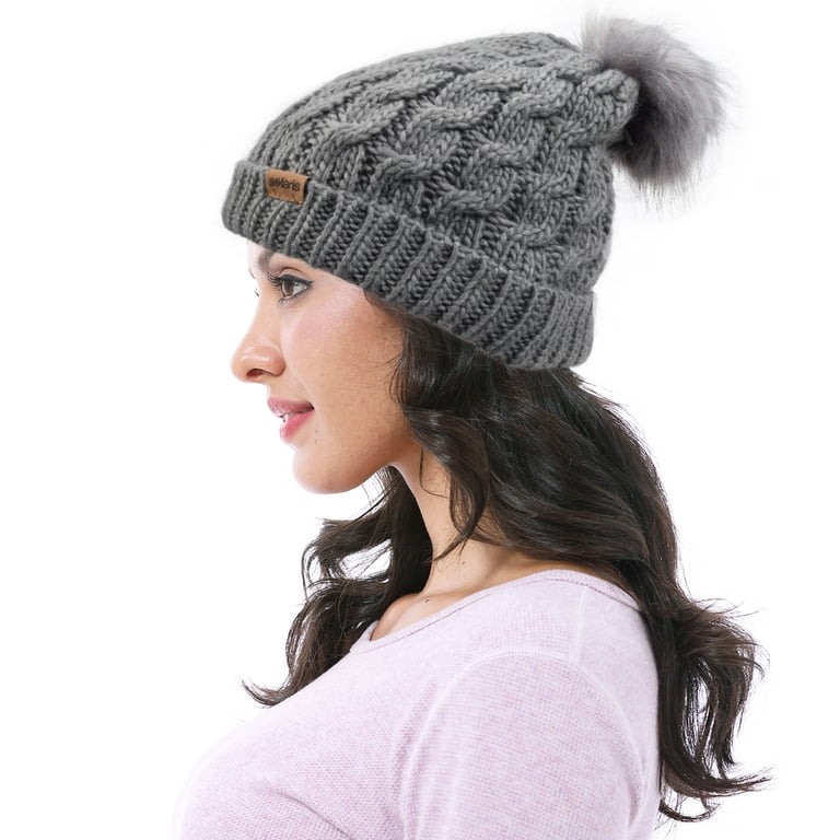 Cozy Cable Knit Beanie with Faux Fur Pom, Fleece Lined, Unisex Winter Hat Knit Fleece Lined Warm Hat, Gray Knit Beanie, Pink Gray Faux  main image 4