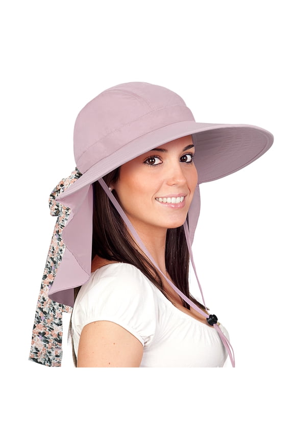 Women Outdoor Boonie UV Protecting Sun Hats with Neck Flap and Floral Silk Ribbons for Hiking Safari,Fishing Caps,PINK
