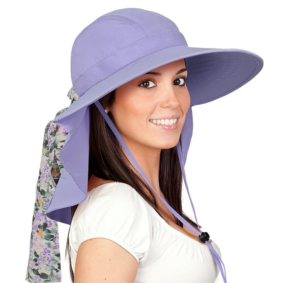 Solaris Women Outdoor Boonie UV Protecting Sun Hats with Neck Flap and Floral Silk Ribbons for Hiking Safari,Fishing Caps,PURPLE
