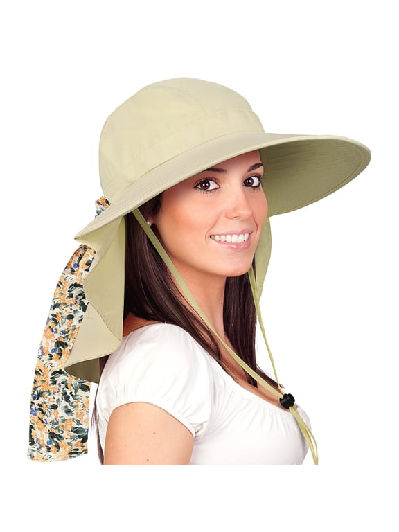 Women Outdoor Boonie UV Protecting Sun Hats with Neck Flap and Floral Silk Ribbons for Hiking Safari,Fishing Caps,TAN