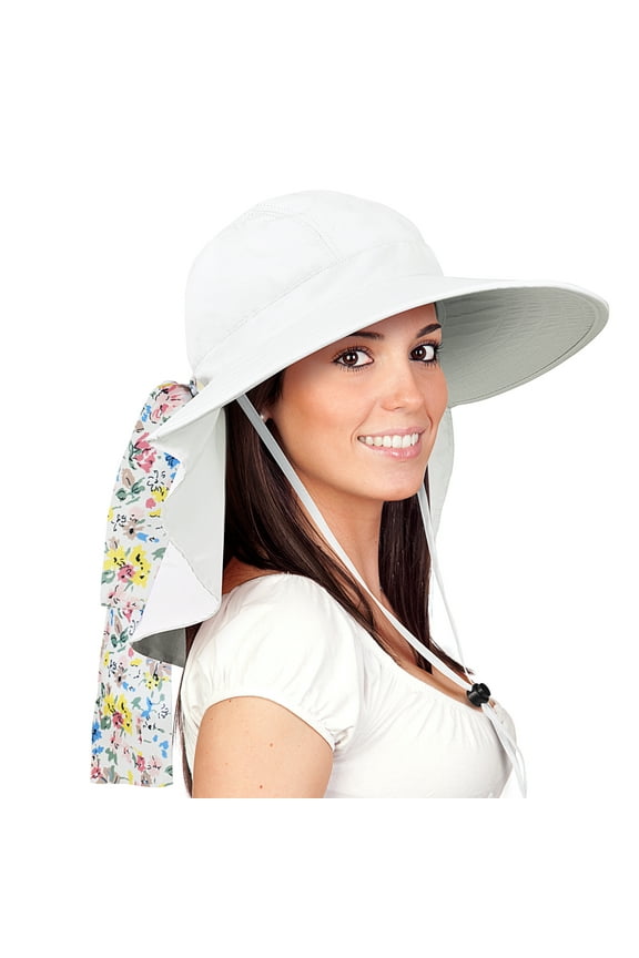 Women Outdoor Boonie UV Protecting Sun Hats with Neck Flap and Floral Silk Ribbons for Hiking Safari,Fishing Caps,WHITE