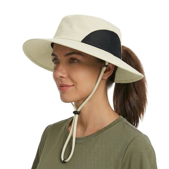 Solaris Women Ponytail Sun Hat for Hiking, Fishing and Gardening, Outdoor UV Protection Safari Hat for Women with Breathable Mesh and Ponytail Hole Opening, Tan