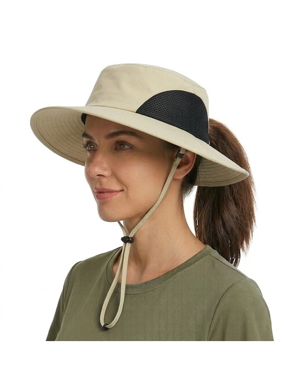 Women Ponytail Sun Hat for Hiking Fishing Gardening Outdoor UV Protection Safari Cap, Breathable Mesh and Ponytail Hole Opening, Olive