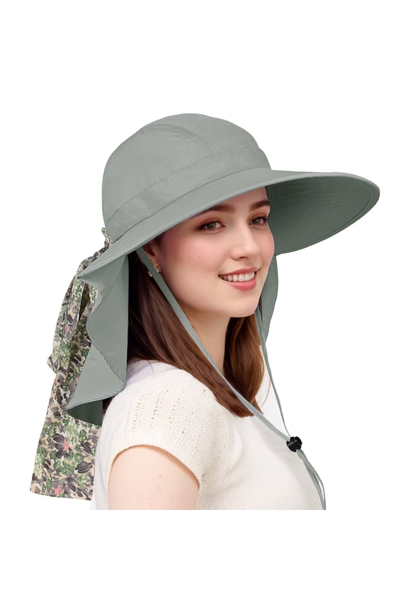Women’s Sun Hats Neck Flap Large Brim UPF 50+ Foldable Summer Caps w/Extra Replaceable Ribbon