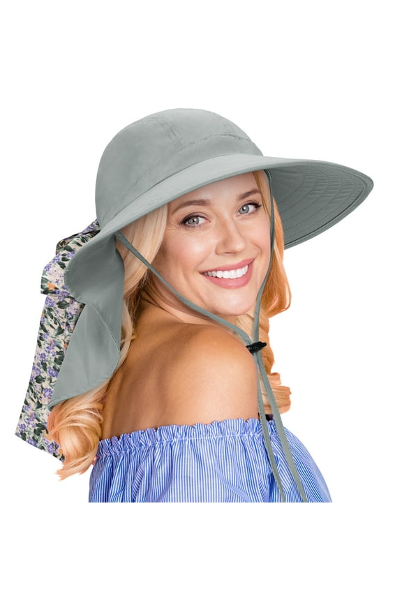 Women’s Sun Hats Neck Flap Large Brim UPF 50+ Foldable Summer Caps w/Extra Replaceable Ribbon