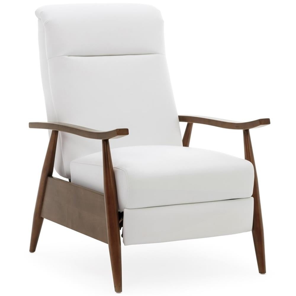 Milky White Leather and Wood Mid-Century Modern Recliner