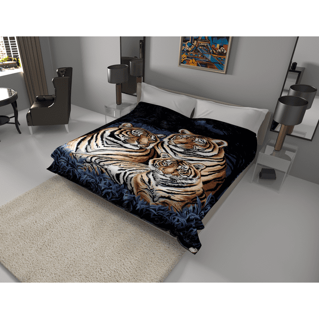 Solaron Korean Super Thick Heavy Weight Mink Blanket (King, 3 Tigers Blue)