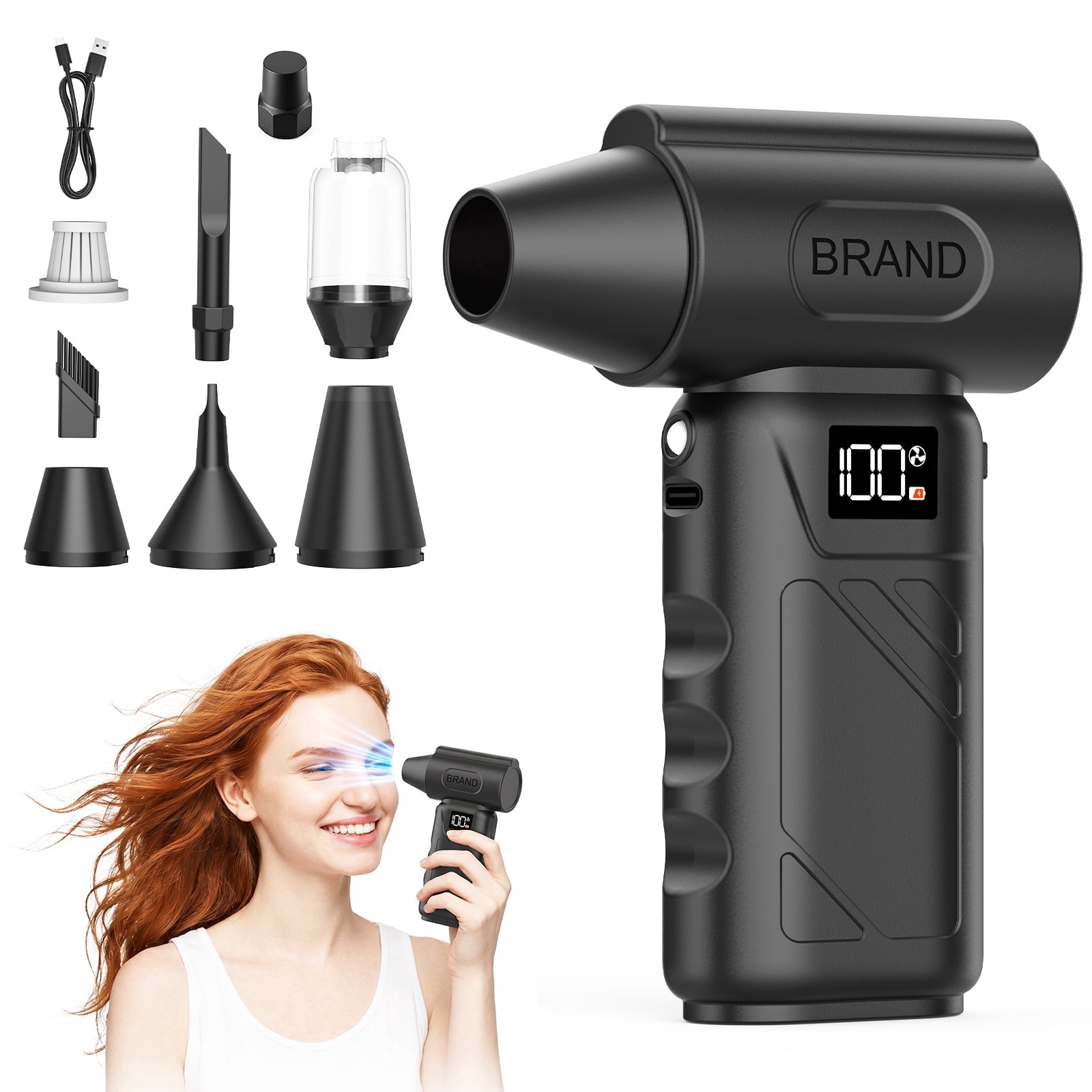 Solarplay Compressed Air Duster,130000RPM Handheld Car Vacuum/Air Blower& Pump,5 Gear Adjustable Electric Air Duster/Car Vacuum Cleaner,Keyboard Duster with LED Light-8 Kits Air Blower for Computer