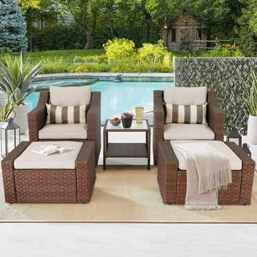 Solaura 5-piece Outdoor Patio Wicker Lounge Chair and Ottoman Conversation Set Brown