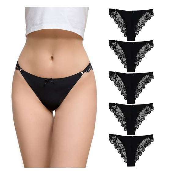 Solavia Black Lace Cheeky Panties for Women, Seamless Tanga, Soft Stretch Cute Underwear, Biniki Panties, 5-Pack, Size S to XXL