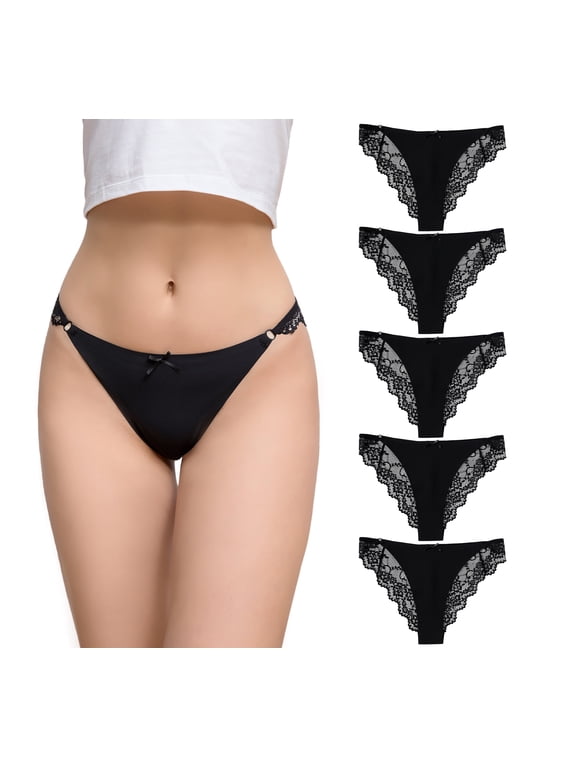 Black Lace Cheeky Panties for Women, Seamless Tanga, Soft Stretch Cute Underwear, Biniki Panties, 5-Pack, Size S to XXL