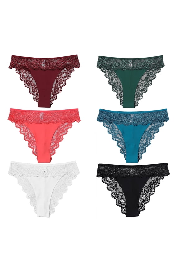 Lace Panties for Women, Soft Breathable Lace Bikini, Cheeky Underwear, Seamless leg openings, 6-Pack, Size S to XXL