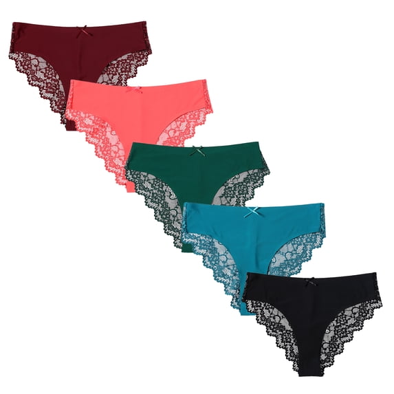Solavia Lace Panties for Women, Soft Comfortable No Show Bikini, Multicolor Underwear, Seamless Front, 5-Pack, Size S to XXL