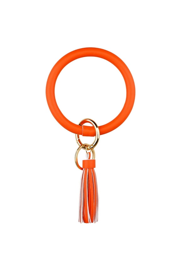 PU Fluorescent Bangle Keyring with Tassel Large Circle Wristband Keychain Pendant Accessories for Women Ladies Orange