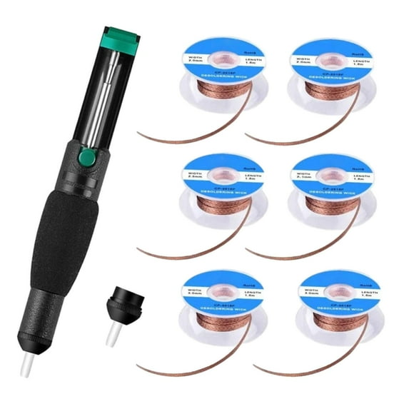 Solder Desoldering Pump Auxiliary Tool Removal and Repair Anti Slip Handle Compact Soldering Hand Welding Tool , with 6 Wick 1 Nozzle