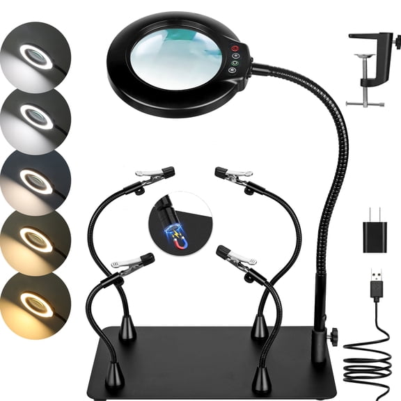 Soldering Helping Hands Magnifying Glass with light and Stand PCB Holder, Soldering Station Third Hand Tools Magnifier with Thickening Alligator Clip Large Magnetic Base for Repairing