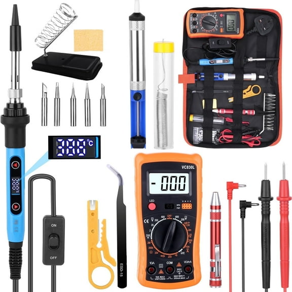 Soldering Iron Kit, 80W Adjustable Temperature Digital Display Repair Soldering Tool with ON-OFF Switch & 8-in-1 Multi-function Screwdriver (with 8 drill bits), Blue