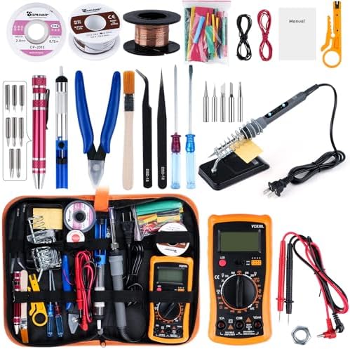 SREMTCH 80W Soldering Iron Kit With Digital Multimeter – LCD Display, ON/Off Switch, Adjustable Temp 200-450°C, 18-in-1 Set For Electronics Repair