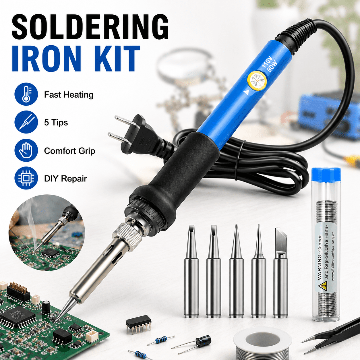 USTOP Soldering Iron Kit Electric 60W 110V Adjustable Temperature Soldering Gun Welding Tools, 5pcs Replacement Tips and Solder Wire Tube (Basic)