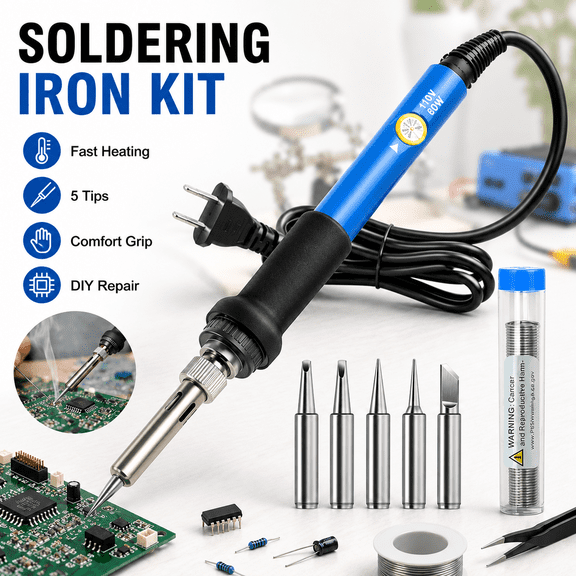 Soldering Iron Kit Electric 60W 110V Adjustable Temperature Soldering Gun Welding Tools, 5pcs Replacement Tips and Solder Wire Tube (Basic)