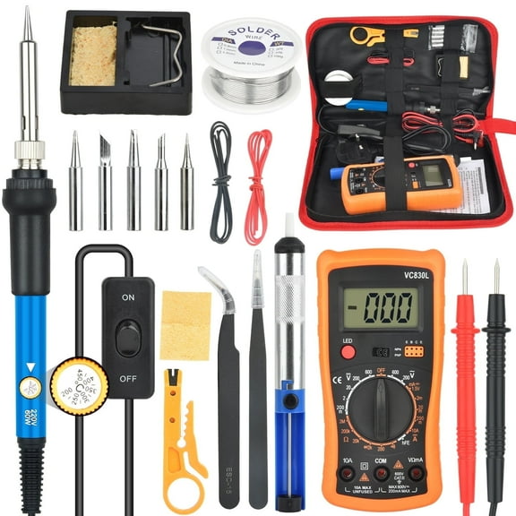 Soldering Iron Kit, Soldering Kit with LCD Digital Multimeter 60W Adjustable Temperature Electric Soldering Iron Kit Multimeter Set Home Mobile Phone Computer Maintenance Soldering Tools Blue