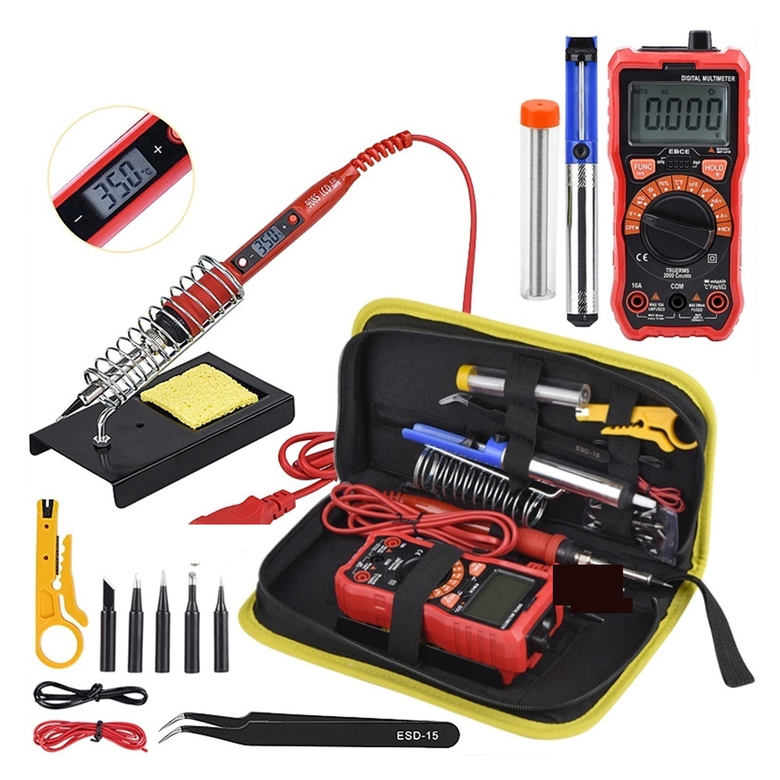 Soldering Iron Kits,80W Adjustable Temperature Digital Multimeter Auto RangingLCD,solder Iron Tips Welding Rework Tools