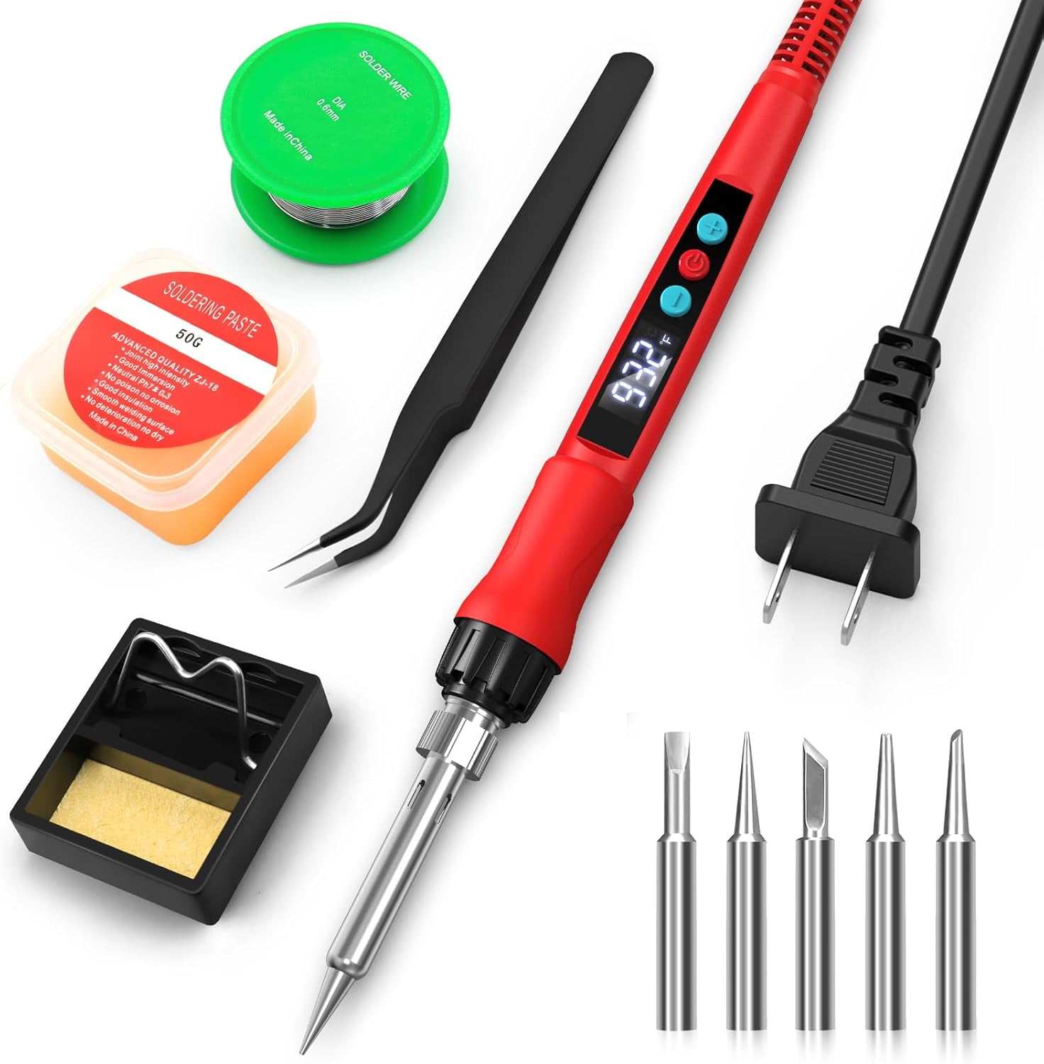 Soldering Iron Set, 100 Soldering Iron with Digital Display, Adjustable Temperature 356-932℉ Electronic Soldering Set, Including Soldering Iron Tip, Solder Wire, Stand, Tweezers and Solder Paste, Red