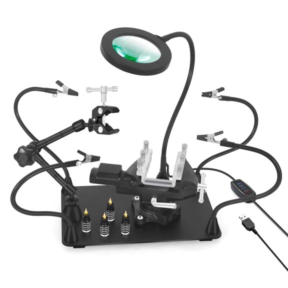 Soldering Station with 5X Magnifying Lamp, Magnetic Helping Hands, Metal Workbench Vise