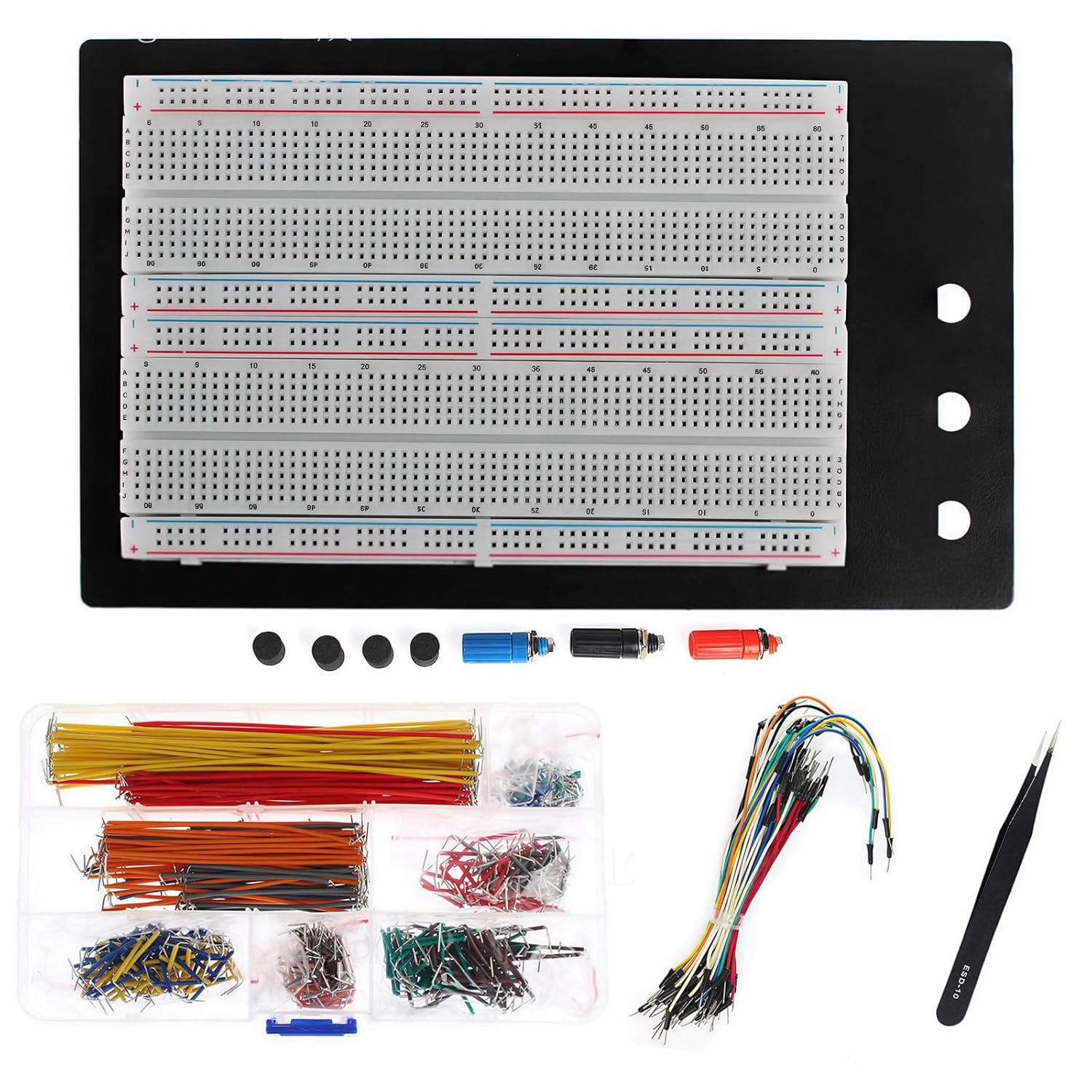 Solderless 1660 breadboard kit + 350 jumper wires + 65 flexible breadboard jumpers + 1 pair of tweezers for prototype circuit making
