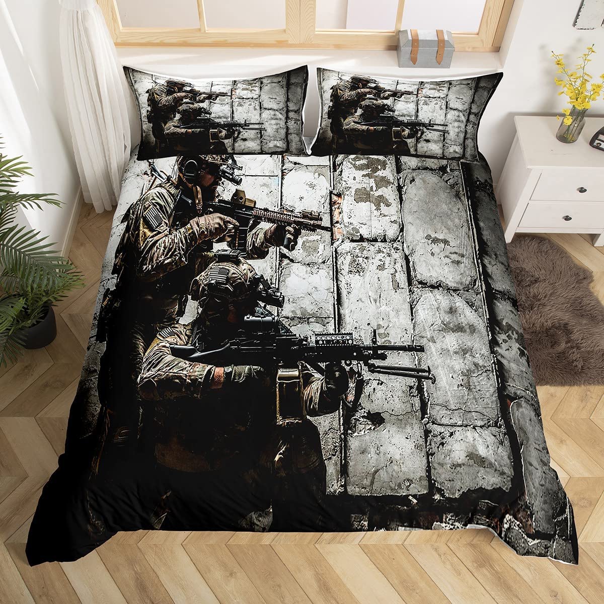 Soldier Comforter Cover, Army Rifle Machine Gun Bedding Sets for Boys