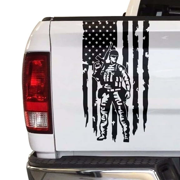 Soldier Enlisted Man Fighter U.S. Army USAF USMC Distressed American USA US Flag Truck Tailgate Vinyl Decal Fits Most Pickup Trucks - Veteran Retired Military Sticker (11" x 20", Black)