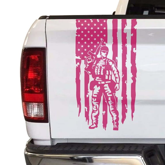 Soldier Enlisted Man Fighter U.S. Army USAF USMC Distressed American USA US Flag Truck Tailgate Vinyl Decal Fits Most Pickup Trucks - Veteran Retired Military Sticker (11" x 20", Pink)