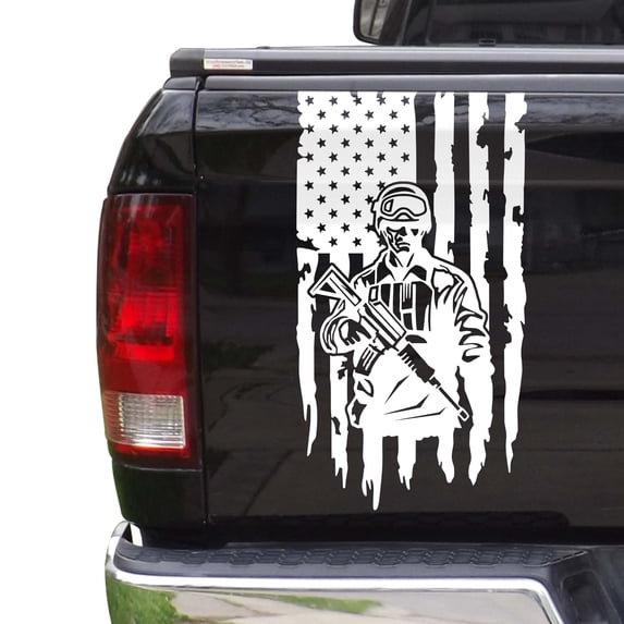 Soldier Enlisted Man Fighter U.S. Army USMC USAF Distressed American USA US Flag Truck Tailgate Vinyl Decal Fits most Pickup Trucks Military Sticker Veteran Retired (11" x 20", Matte White)