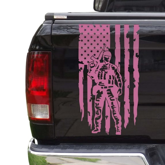 Soldier Enlisted Man Fighter U.S. Army USMC USAF Distressed American USA US Flag Truck Tailgate Vinyl Decal Fits most Pickup Trucks Military Sticker Veteran Retired (11" x 20", Soft Pink)