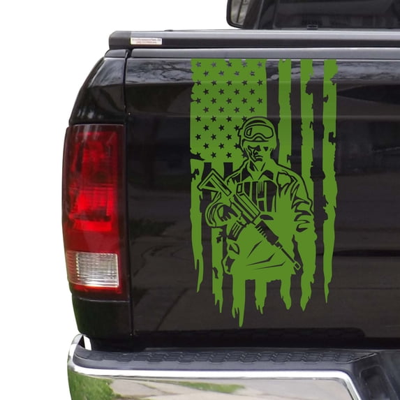 Soldier Enlisted Man Fighter U.S. Army USMC USAF Distressed American USA US Flag Truck Tailgate Vinyl Decal Fits most Pickup Trucks Military Sticker Veteran Retired (11" x 20", Lime-Tree Green)