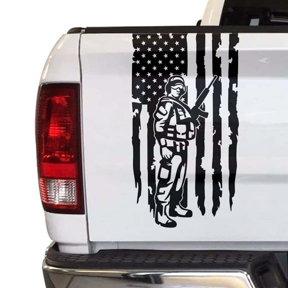 Soldier Enlisted Man Veteran Retired U.S. Army USAF USMC Distressed American USA US Flag Truck Tailgate Vinyl Decal Fits Most Pickup Trucks Military Sticker (11" x 20", Black)