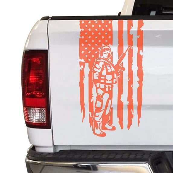 Soldier Enlisted Man Veteran Retired U.S. Army USAF USMC Distressed American USA US Flag Truck Tailgate Vinyl Decal Fits Most Pickup Trucks Military Sticker (11" x 20", Coral)