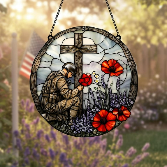 Soldier Kneeling at Cross Suncatcher with Poppies and Lavender, Memorial Day Patriotic Acrylic Window Hanging Tribute Gift