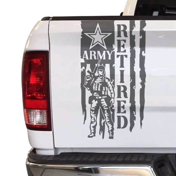 Soldier Retired Enlisted Man Veteran Fighter U.S. Army USAF USMC Distressed American US USA Flag Truck Tailgate Vinyl Decal fits Most Pickup Trucks Military Sticker (11" x 20", Dark Gray)