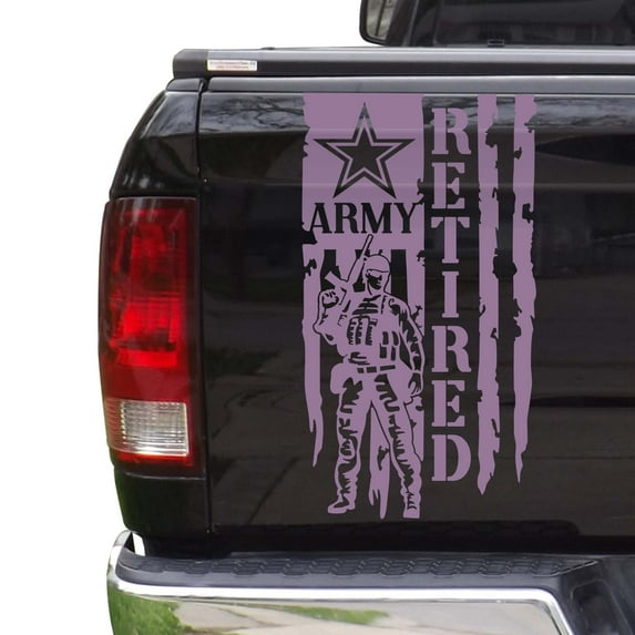 Soldier Retired Enlisted Man Veteran Fighter U.S. Army USAF USMC Distressed American US USA Flag Truck Tailgate Vinyl Decal fits Most Pickup Trucks Military Sticker (11" x 20", Lilac)