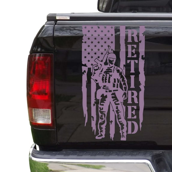 Soldier Retired Enlisted Man Veteran Fighter U.S. Army USAF USMC Distressed American USA US Flag Truck Tailgate Vinyl Decal Fits Most Pickup Trucks - Military Sticker (11" x 20", Lilac)
