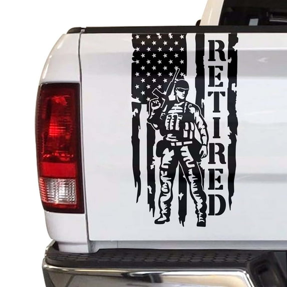Soldier Retired Enlisted Man Veteran Fighter U.S. Army USAF USMC Distressed American USA US Flag Truck Tailgate Vinyl Decal Fits Most Pickup Trucks - Military Sticker (11" x 20", Black)
