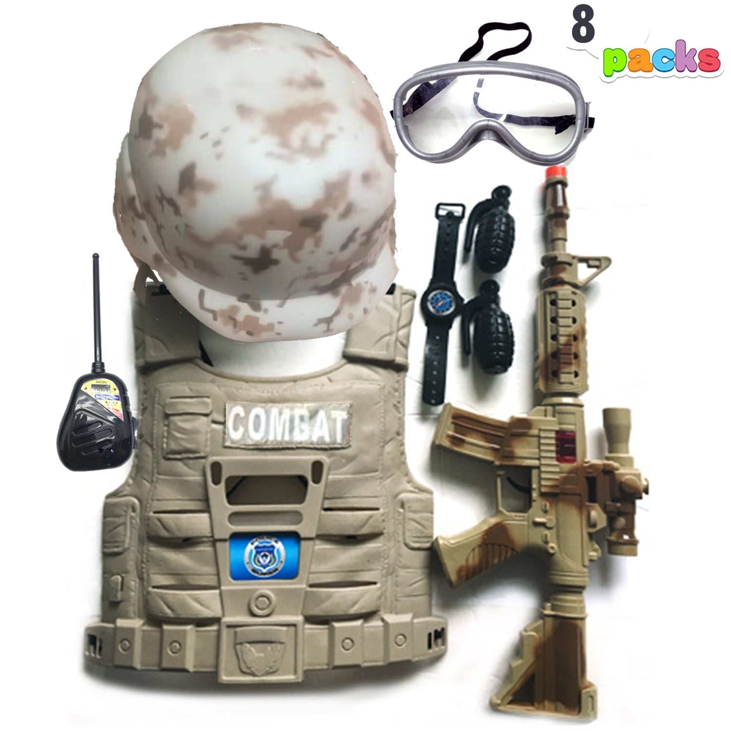 Soldier Role Play Fancy Dress Up Set for Pretend Play, Toddlers Birthday Christmas Present, School Training- Pretend Soldier Uniform w/ Hat, Vest & Tools, and More For Ages 3+ Kids