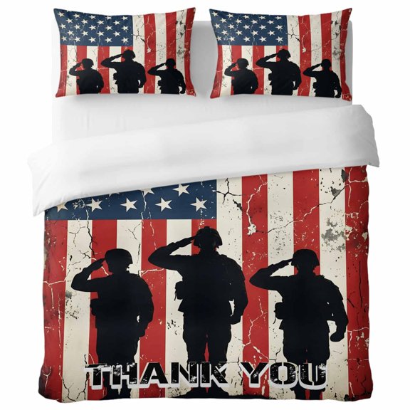 Soldier Silhouettes Twin Duvet Cover Set, Vintage Patriotic American Blue Red Honor Flag Decorative 3 Piece Bedding Set with Zipper Closure Soft Breathable Microfiber Comforter Cover & 2 Pillowcases