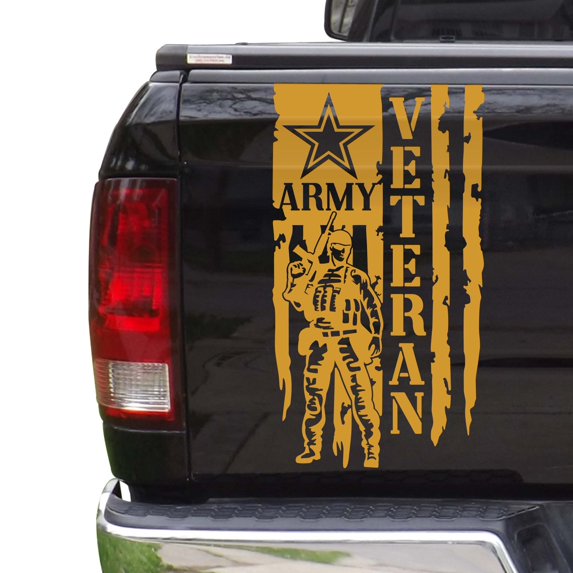 Soldier Veteran Enlisted Man Retired Fighter Army Distressed American US USA Flag Truck Tailgate Vinyl Decal fits Most Pickup Trucks Military Sticker (11" x 20", Imitation Gold)