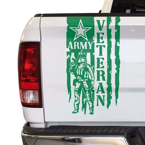Soldier Veteran Enlisted Man Retired Fighter U.S. Army USAF USMC Distressed American US USA Flag Truck Tailgate Vinyl Decal fits Most Pickup Trucks Military Sticker (11" x 20", Grass Green)