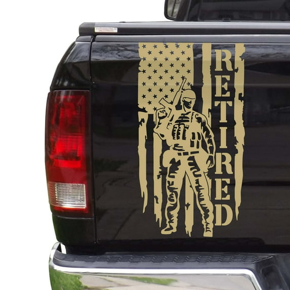 Soldier Veteran Enlisted Man Retired Fighter U.S. Army USAF USMC Distressed American USA US Flag Truck Tailgate Vinyl Decal Fits Most Pickup Trucks - Military Sticker (11" x 20", Cream)